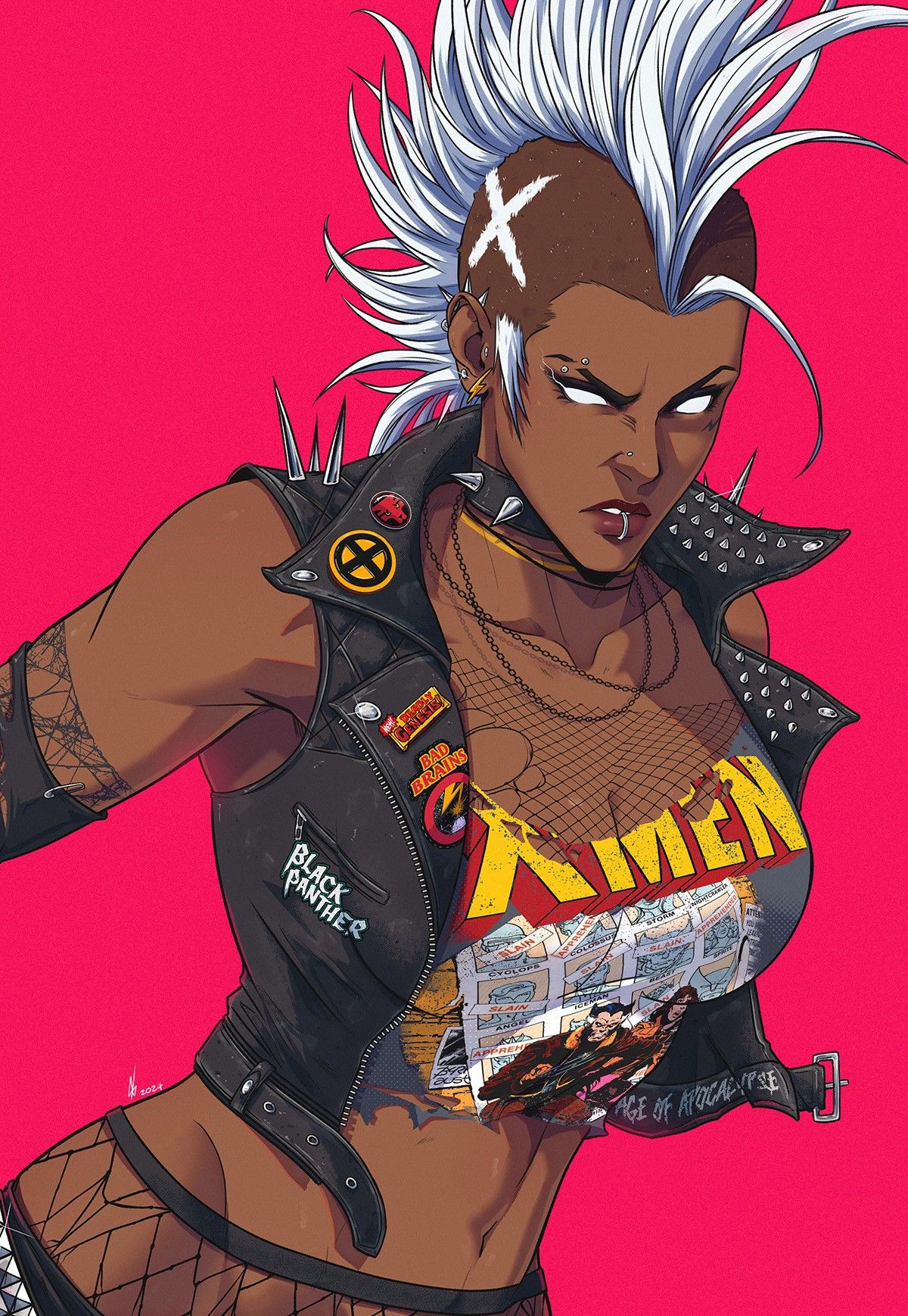 Storm with a white mohawk and spiked leather vest against a pink background