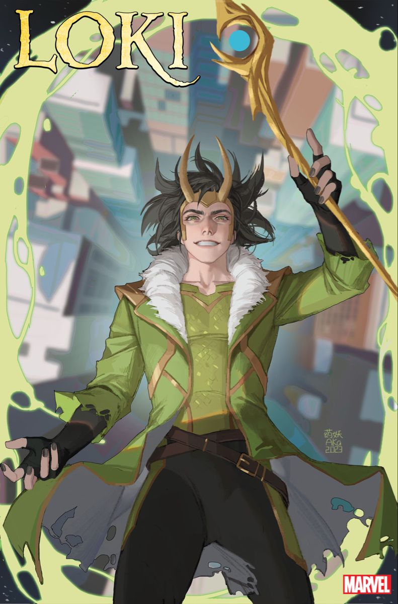 Loki in green and gold with horned helm holding a golden sceptre