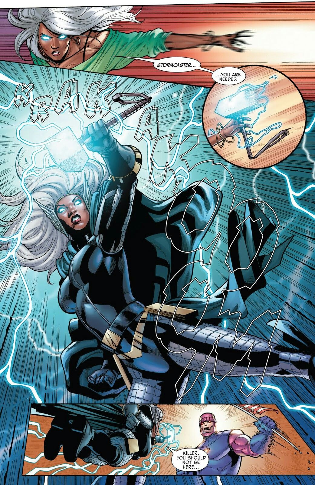 Storm in Asgardian armor raising the glowing hammer Stormcaster amid lightning
