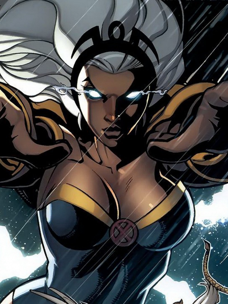 Storm with long white hair and glowing pale eyes summoning a storm