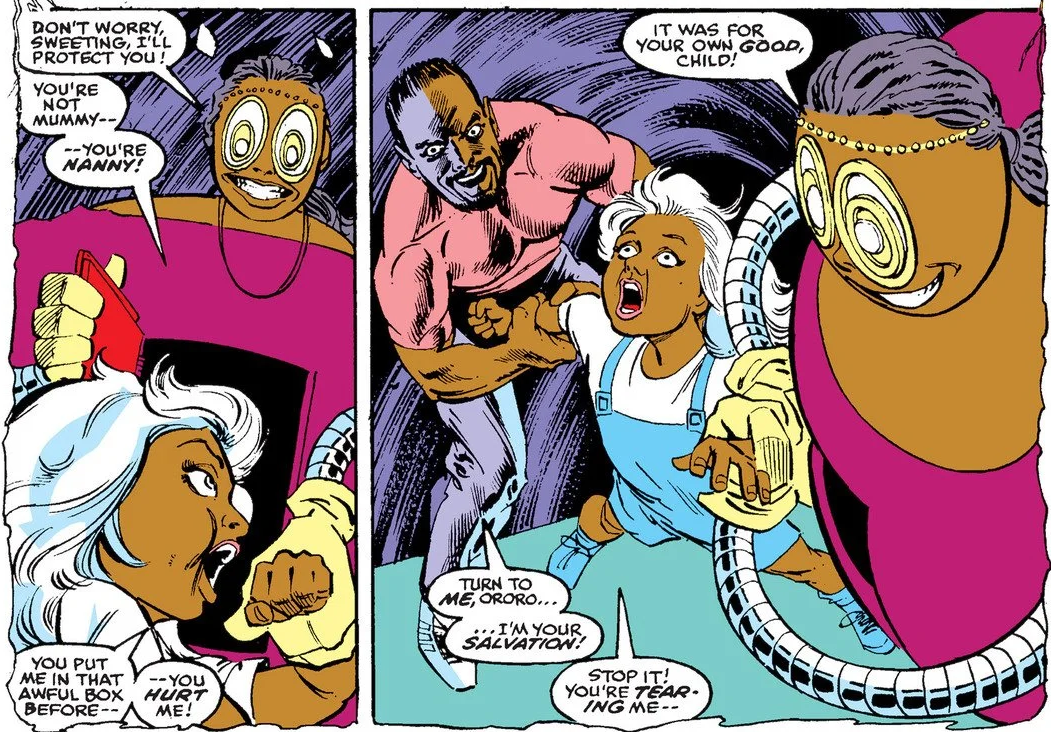 Child Storm confronting Nanny comic panel