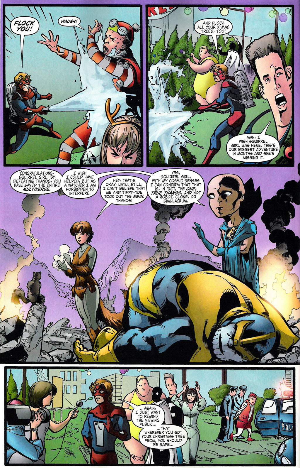 Full page from GLX-Mas Special #1: Squirrel Girl dusts off her hands beside a defeated, face-down Thanos while Uatu the Watcher confirms she defeated the real Thanos and saved the multiverse