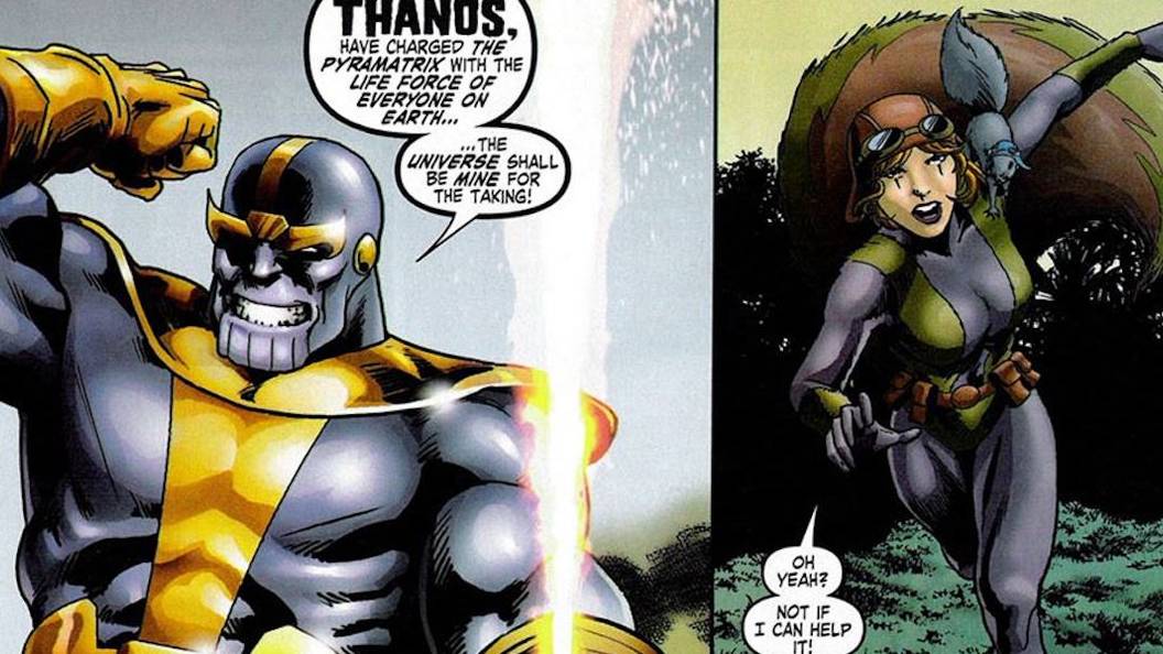 Comic panel from GLX-Mas Special #1: Thanos, having charged the Pyramatrix with Earth's life force, declares the universe shall be his, while Squirrel Girl rushes in replying 'Oh yeah? Not if I can help it!'