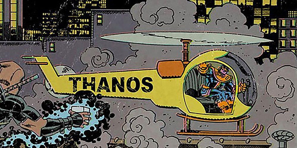 Comic panel art of Thanos flying his yellow branded helicopter, the Thanos-Copter