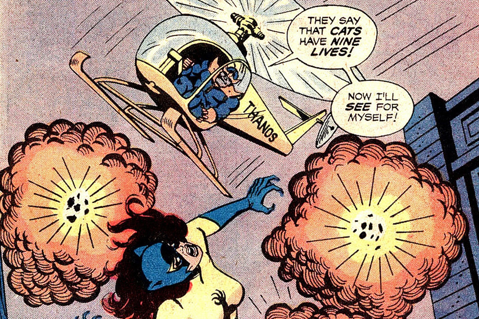 Comic art from Spidey Super Stories #39 (1979): Thanos piloting his small bright yellow Thanos-Copter helicopter