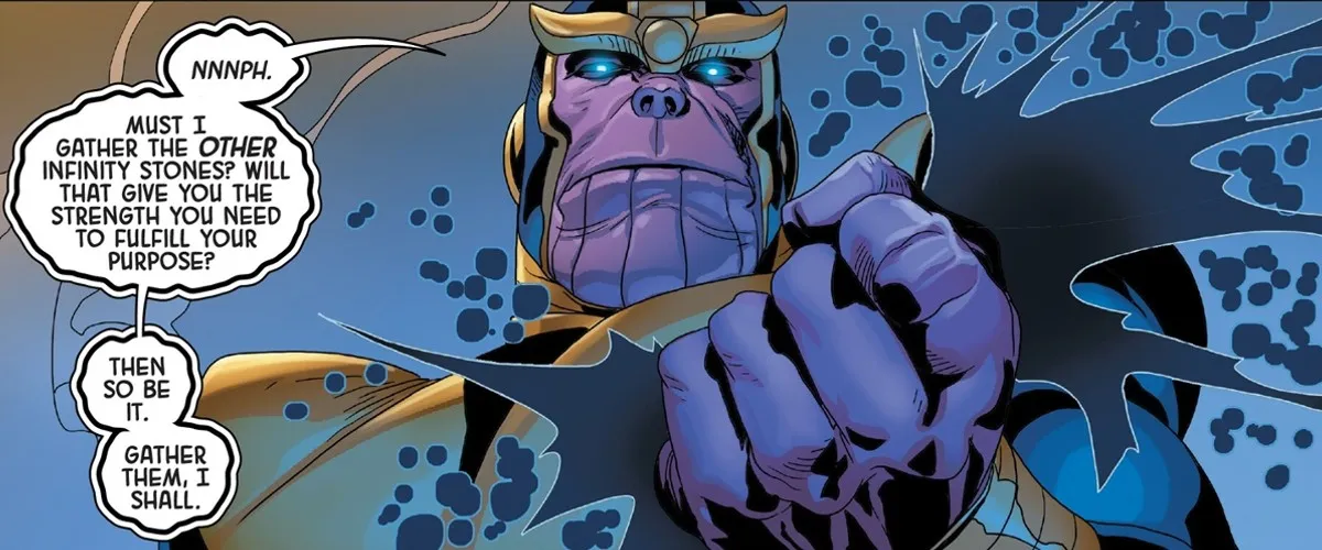 Thanos comic art of the Mad Titan courting Death