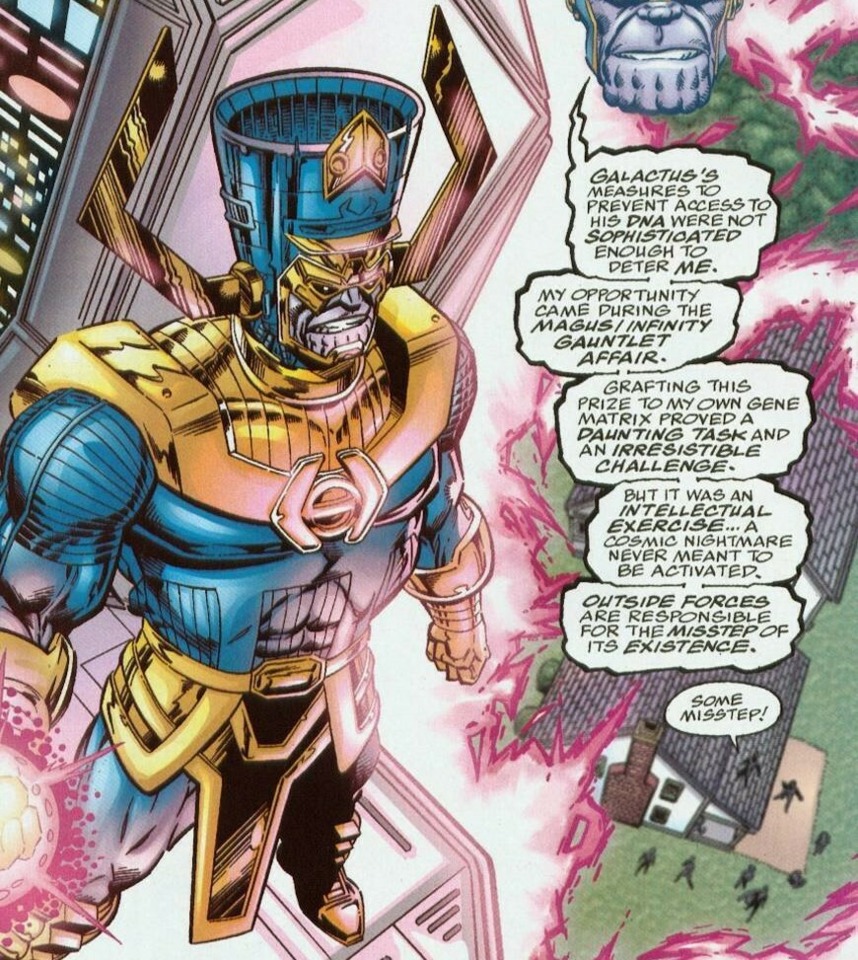Comic panel explaining Omega was made from Galactus DNA in Infinity Abyss