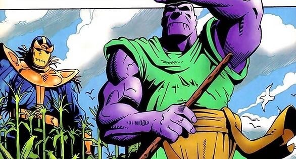 Thanos armor on a scarecrow at his farm, comic art