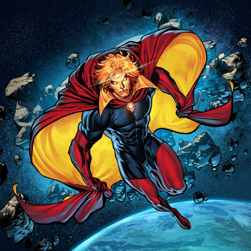 Adam Warlock in a red cape flying through space with the Soul Gem at his chest
