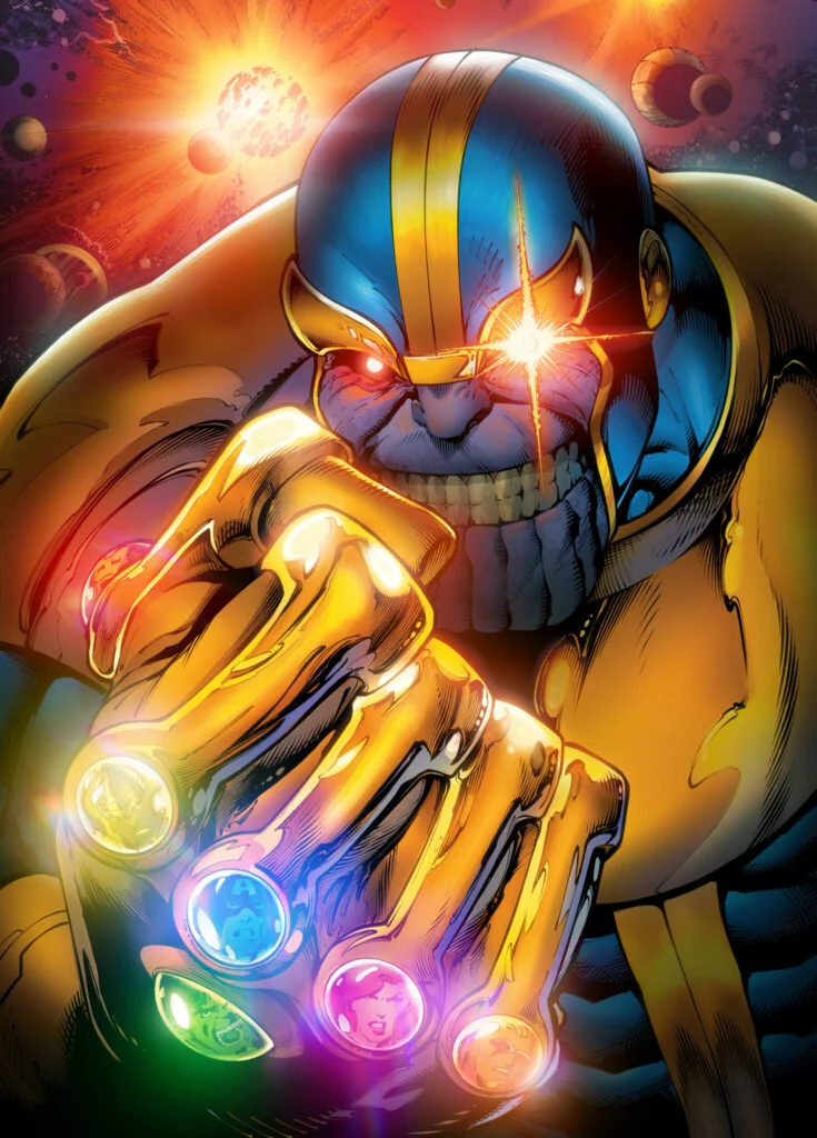 Thanos raising the Infinity Gauntlet with all six gems glowing