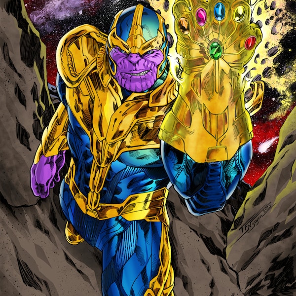Thanos in gold armor thrusting the Infinity Gauntlet toward the viewer