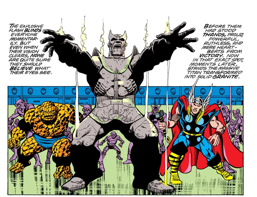 Comic panel of Thanos transformed into a grey granite statue between the Thing and Thor