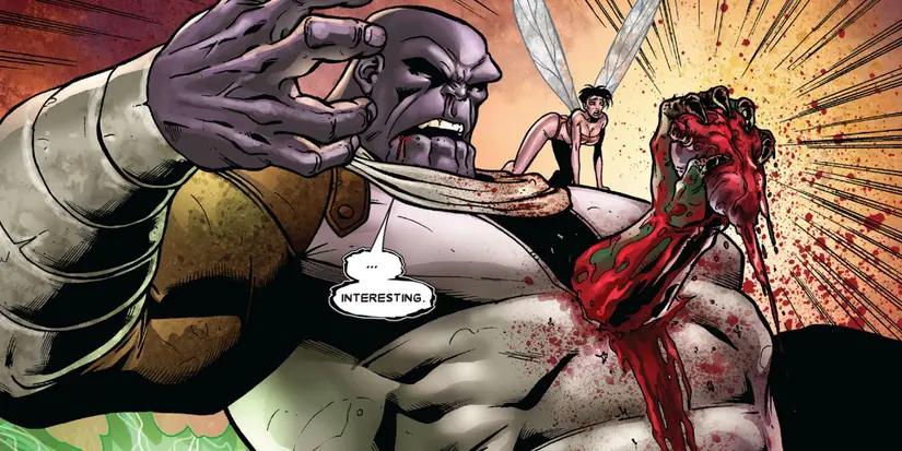 Thanos collapsing as Drax strikes him during Annihilation