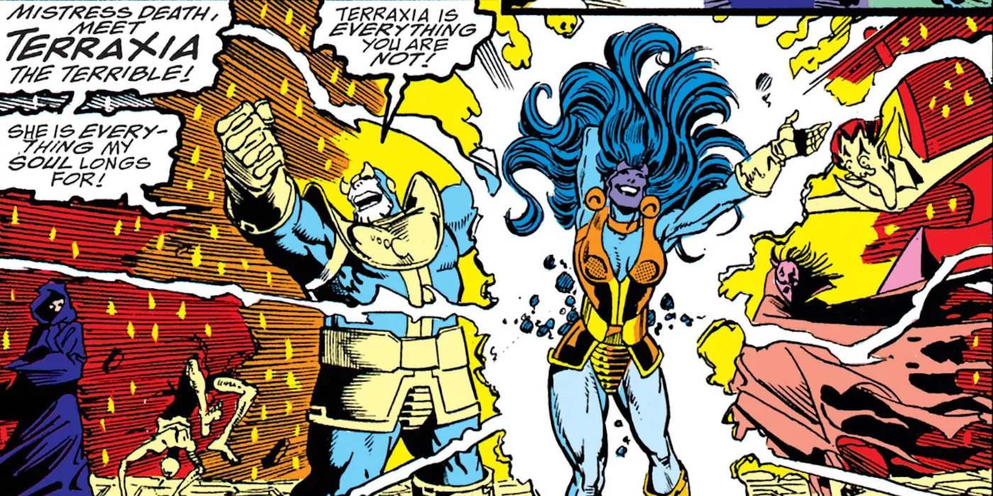 Thanos presenting Terraxia to Death comic panel