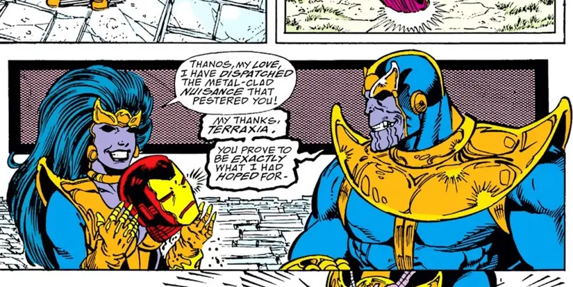 Terraxia holding Iron Man's helmet beside Thanos