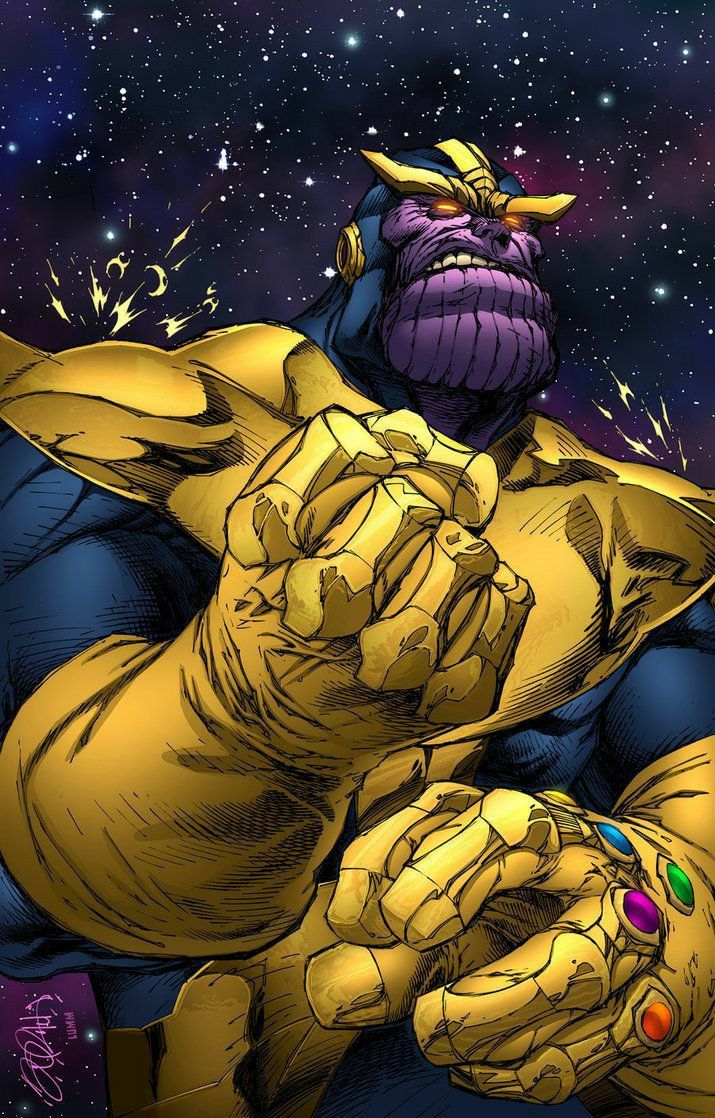 Thanos wearing the Infinity Gauntlet comic art