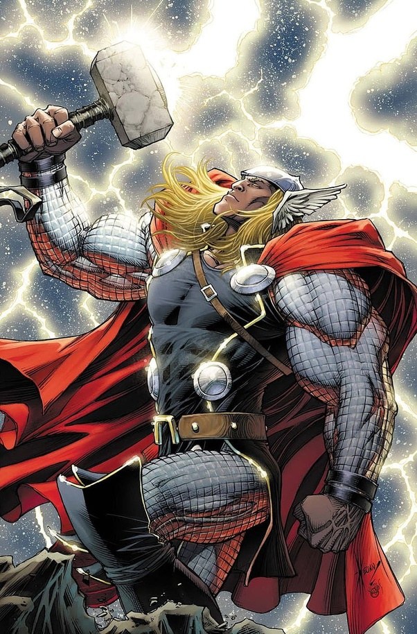 Thor raising Mjolnir amid lightning