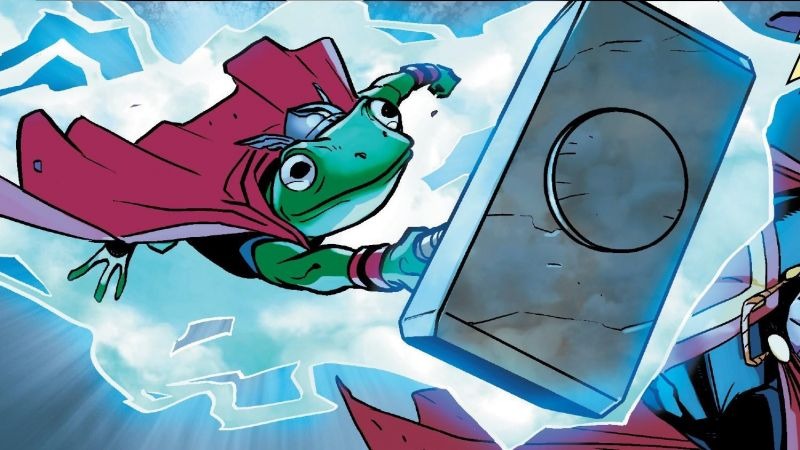 A frog in Thor's cape and winged helmet gripping Mjolnir amid lightning