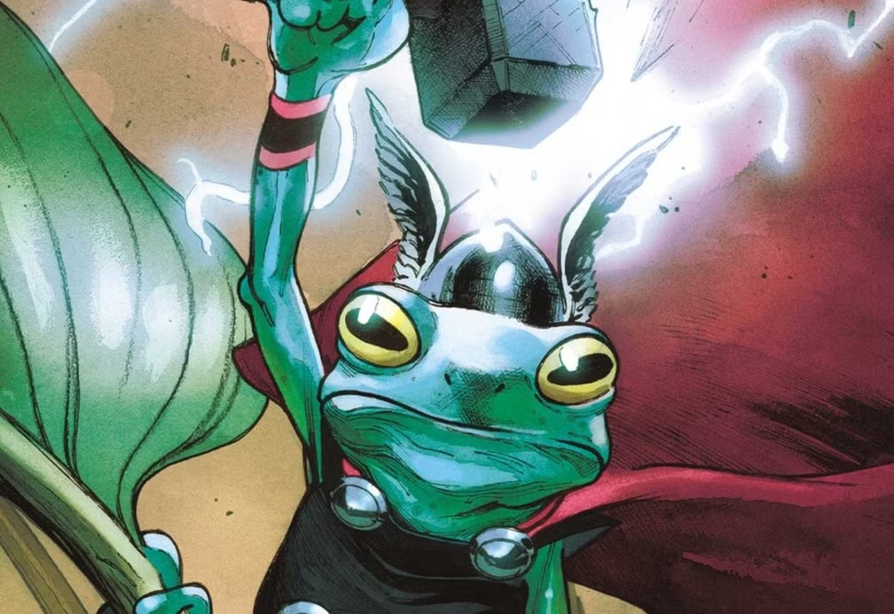 Throg, a frog in Thor armour raising a small hammer amid lightning