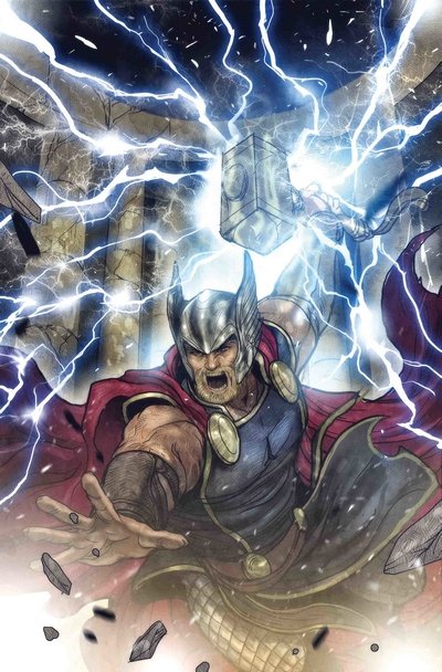 Thor summoning lightning with Mjolnir comic art
