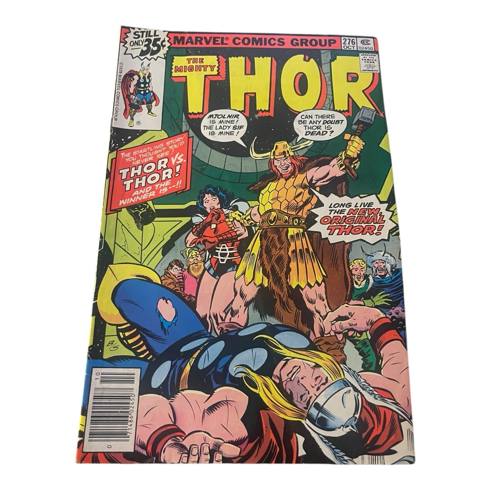 Thor 276 cover Red Norvell as new Thor holding Mjolnir and Sif