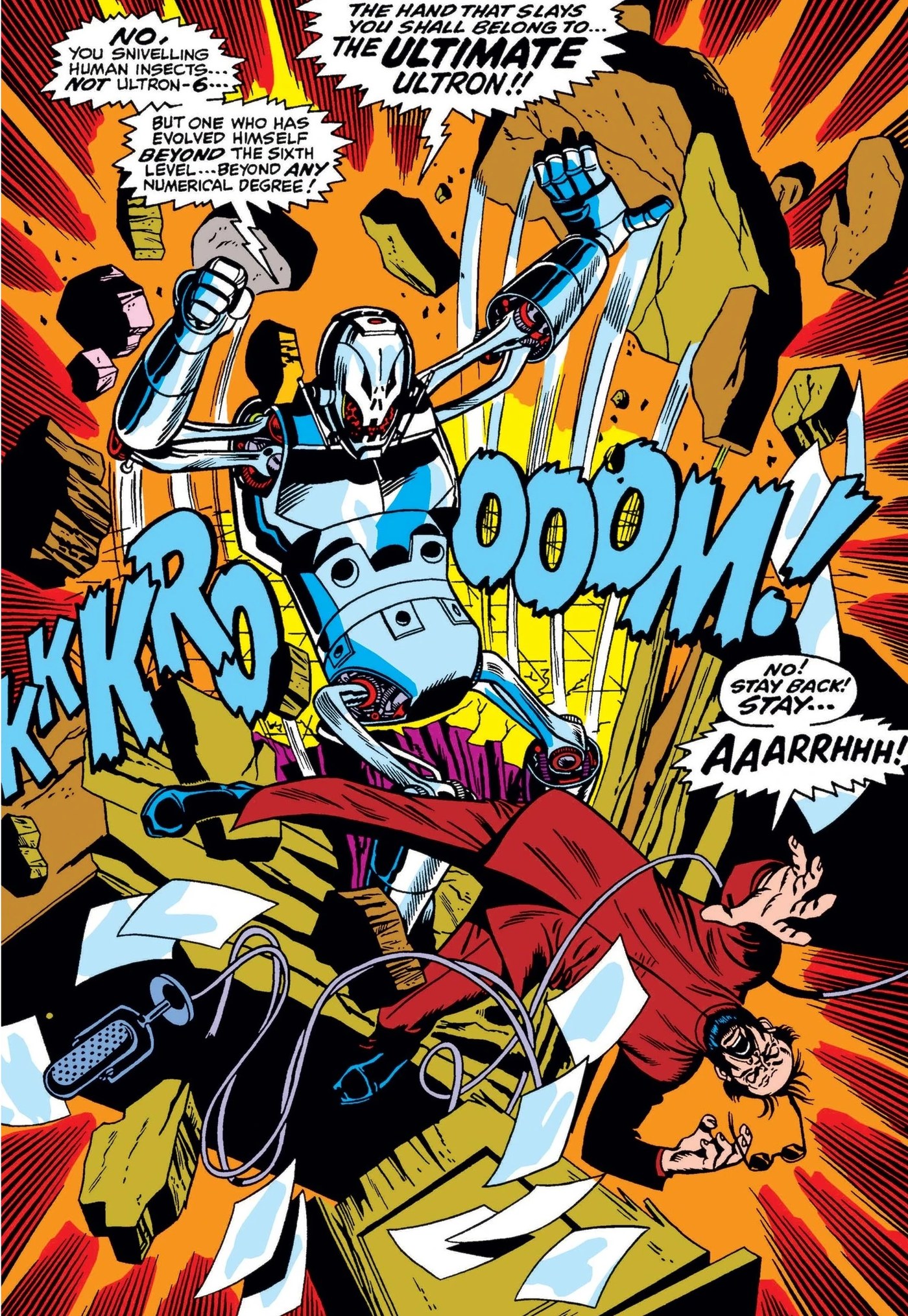 Ultron-6 bursting free in classic Avengers comic art