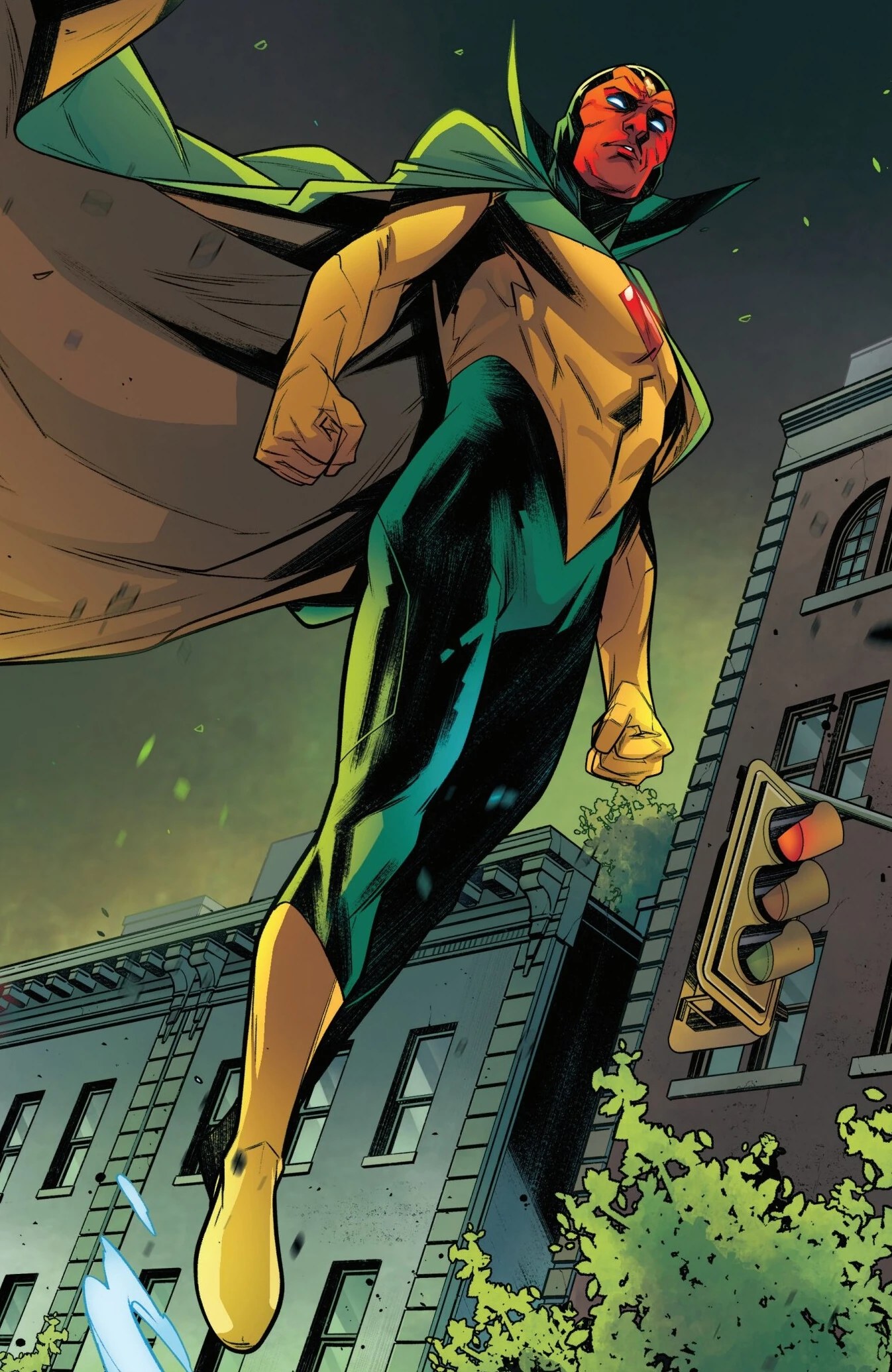 The Vision flying over a city comic art