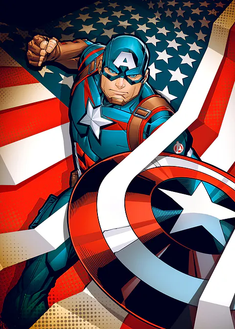 Steve Rogers as Captain America in blue with a white star, shield forward against a flag backdrop