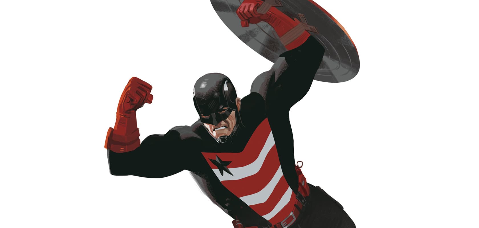 U.S. Agent in a black costume with red gloves and red and white stripes raising his shield