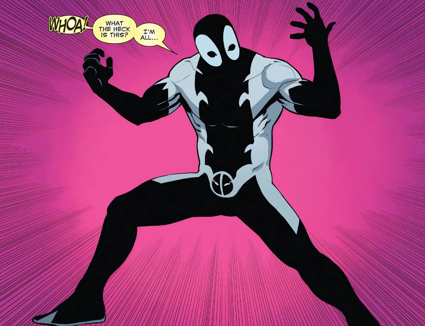 Deadpool wearing the black symbiote suit