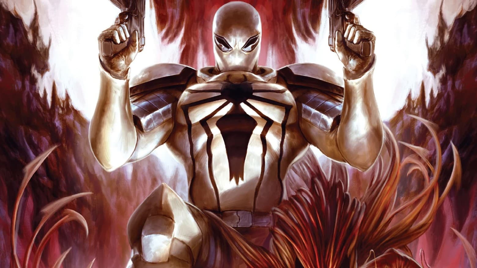 Anti-Venom in an armored white symbiote form holding two pistols