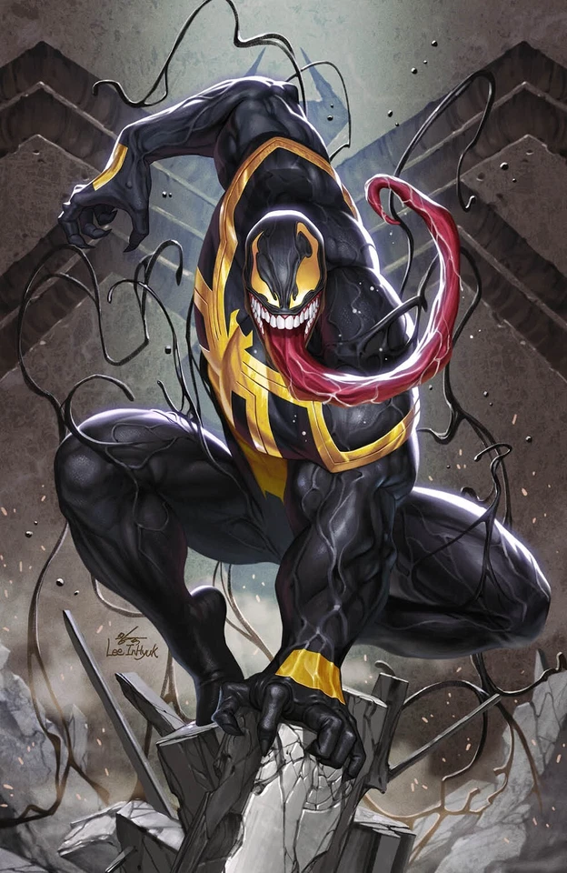 Venom crouching in a black symbiote suit with gold markings and a long red tongue