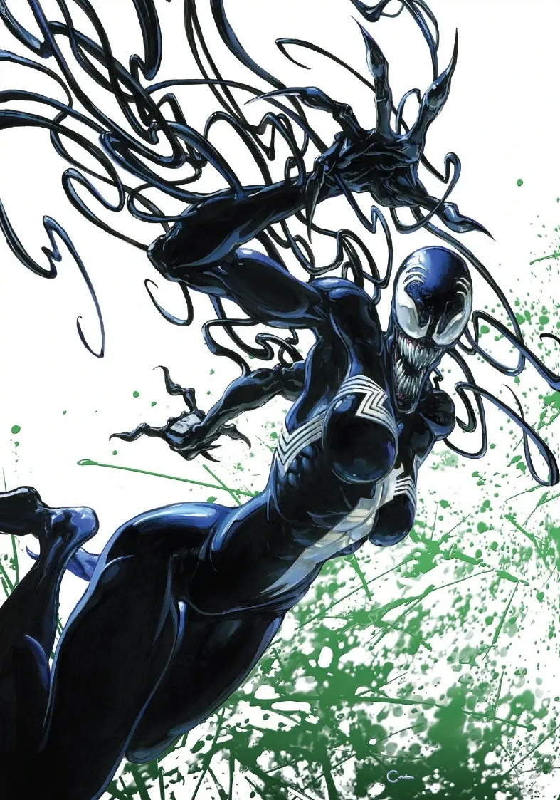 She-Venom in a black symbiote suit with a white spider emblem in a female Venom form