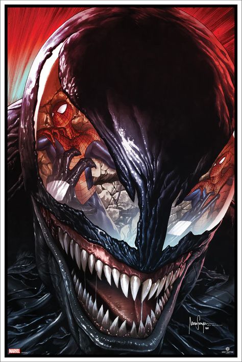 Venom baring fangs and tongue in comic art