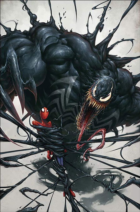 Venom looming over a web-bound Spider-Man