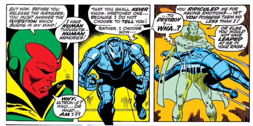 Classic comic panels of Vision confronting Ultron