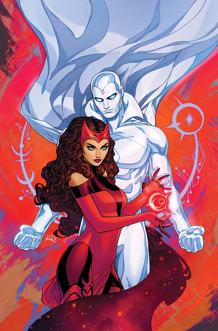 The white Vision standing behind the Scarlet Witch, comic cover art