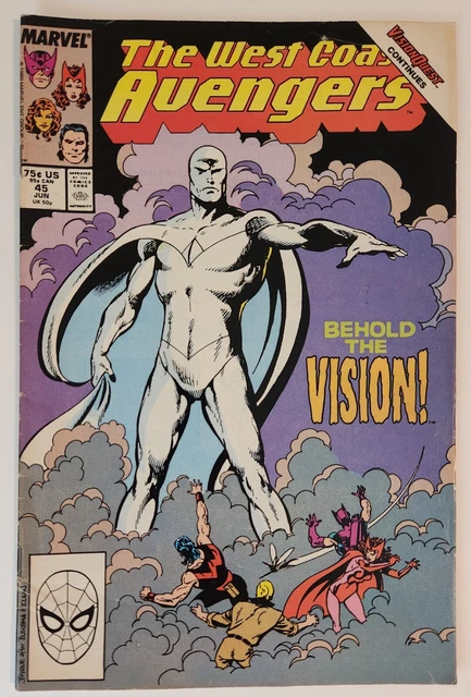 West Coast Avengers #45 cover showing the all-white Vision towering over his teammates