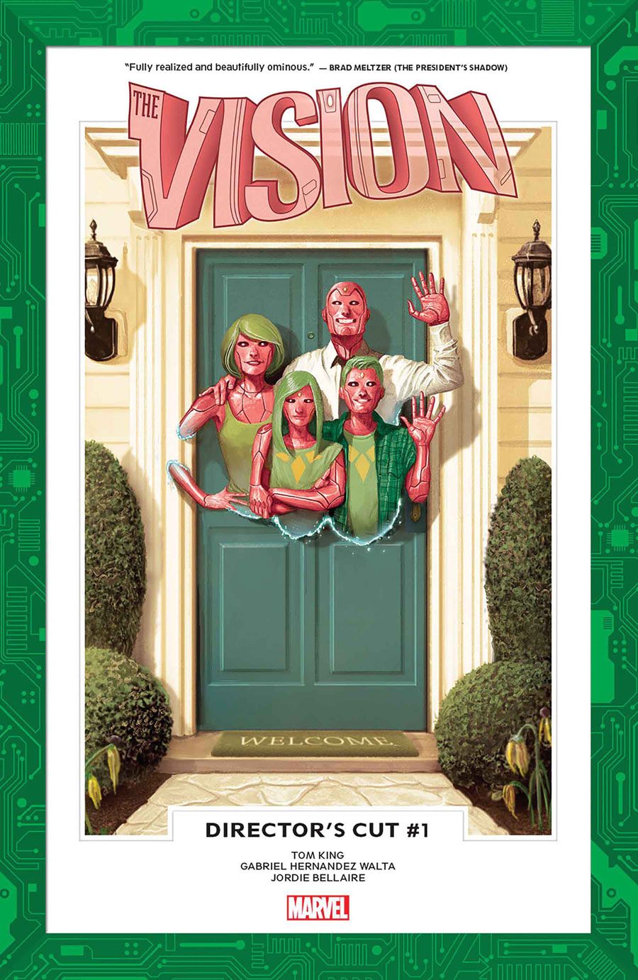 The Vision with Virginia, Viv and Vin phasing through their front door on a comic cover