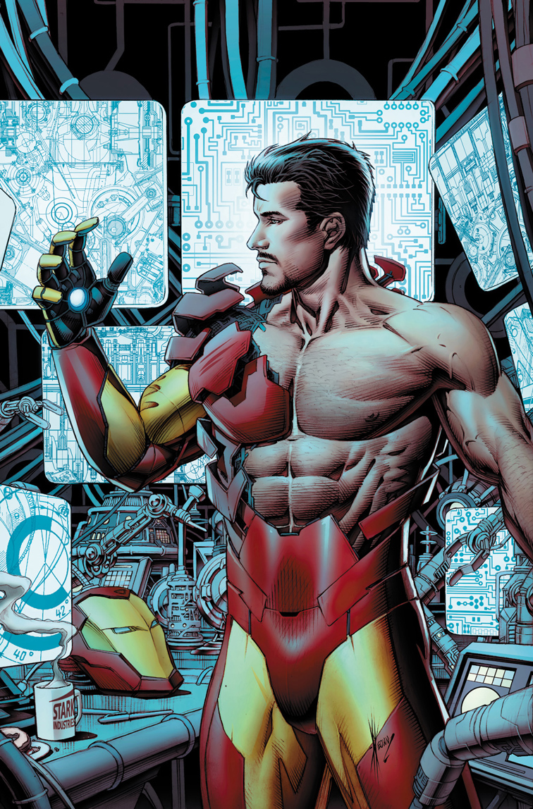 Tony Stark in partial Iron Man armor at his workbench, comic art