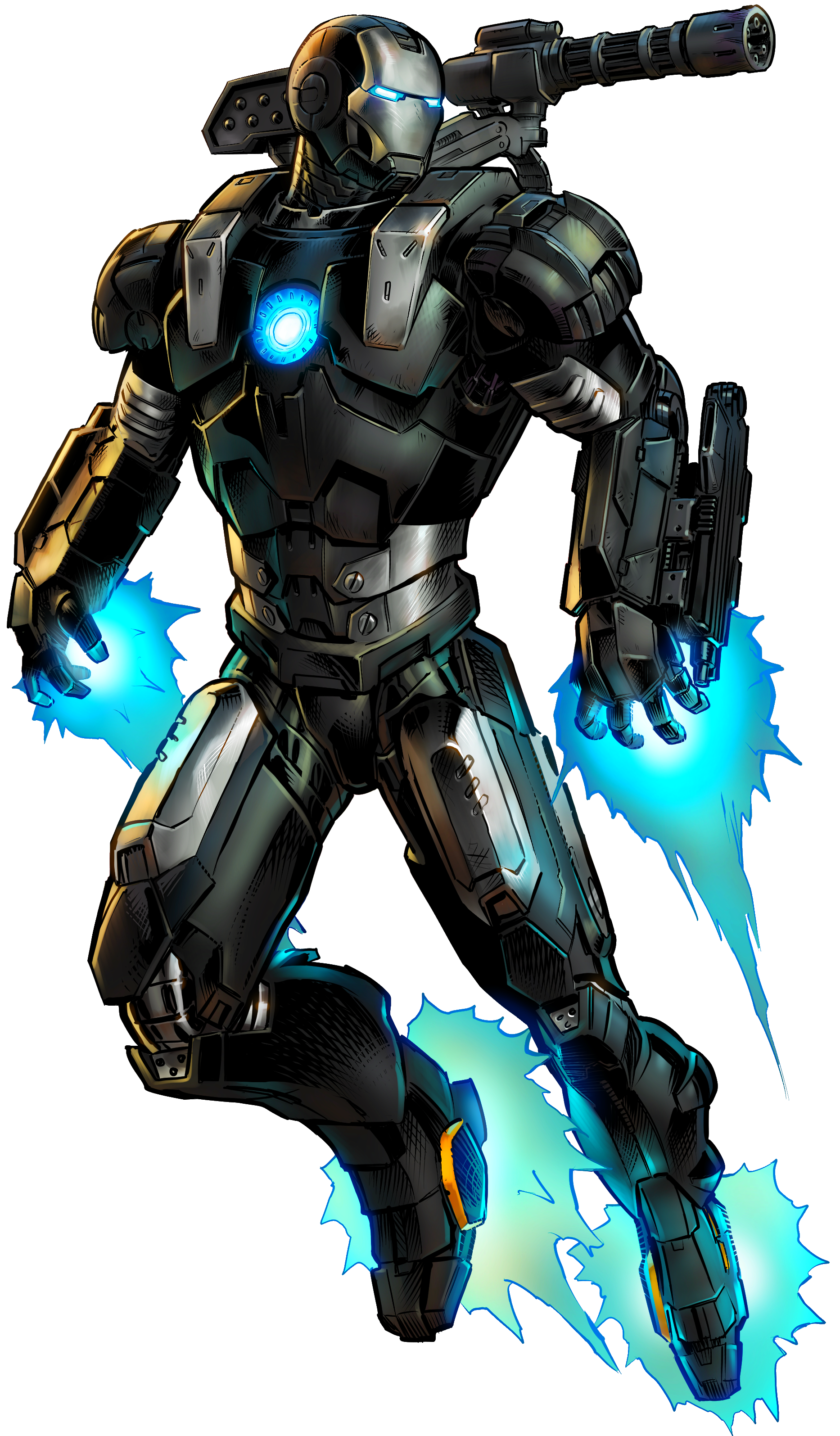 War Machine in gunmetal armour with shoulder cannon and glowing repulsors, comic art