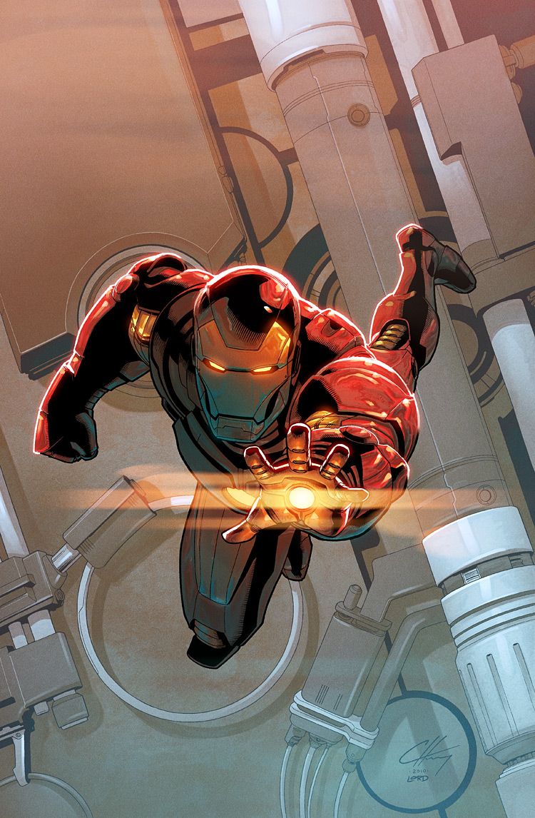 Tony Stark as Iron Man in red and gold armour diving toward the viewer with a repulsor palm lit