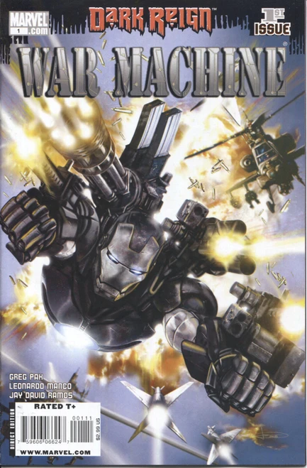 Cover of War Machine Vol. 2 #1 (2009) showing the cyborg-era War Machine firing his shoulder cannon amid jets and a helicopter
