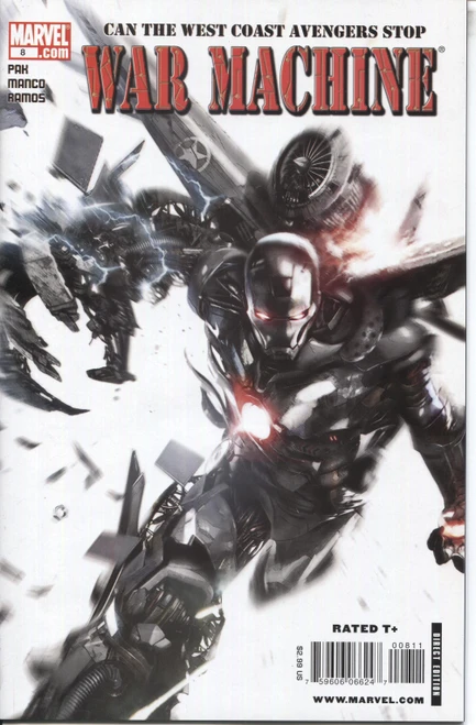 Cover of War Machine Vol. 2 #8 showing War Machine fused with the wreckage and turbine of a jet fighter, red eye glowing
