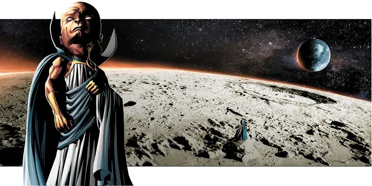 Uatu the Watcher standing on the Moon looking toward Earth