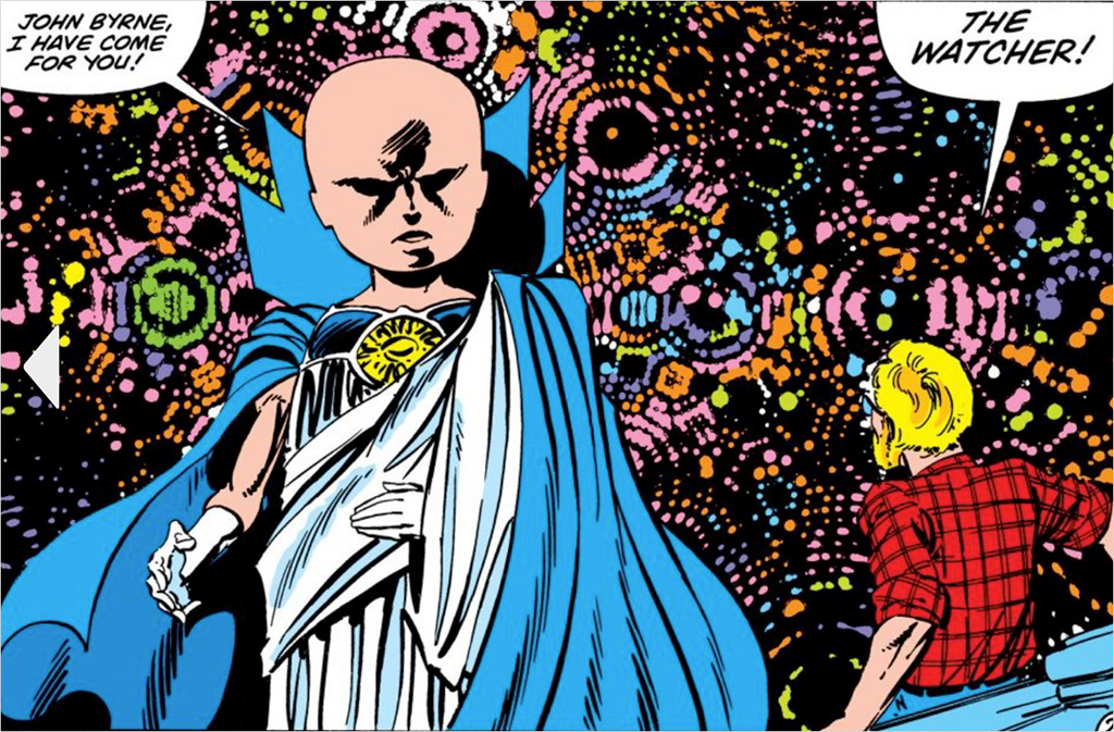 Panel from Fantastic Four #262 showing Uatu the Watcher arriving for the Human Torch