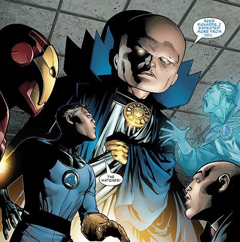 Uatu the Watcher confronting Reed Richards in a comic panel