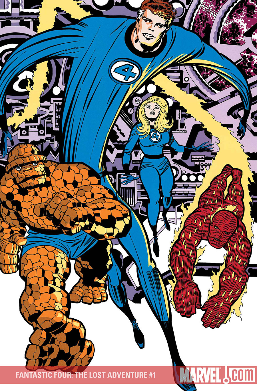 The Fantastic Four in Kirby-style art: Mr. Fantastic stretched huge, the Invisible Woman, the Thing and the flaming Human Torch