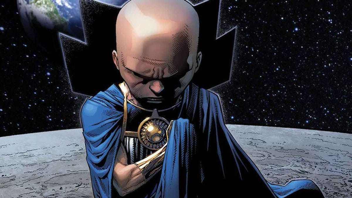 Uatu the Watcher in his blue robes standing on the Moon with Earth in the sky behind him, head bowed