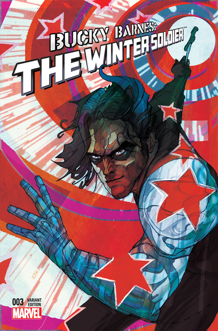 Bucky Barnes: The Winter Soldier #3 variant cover showing Bucky with his star-marked bionic arm